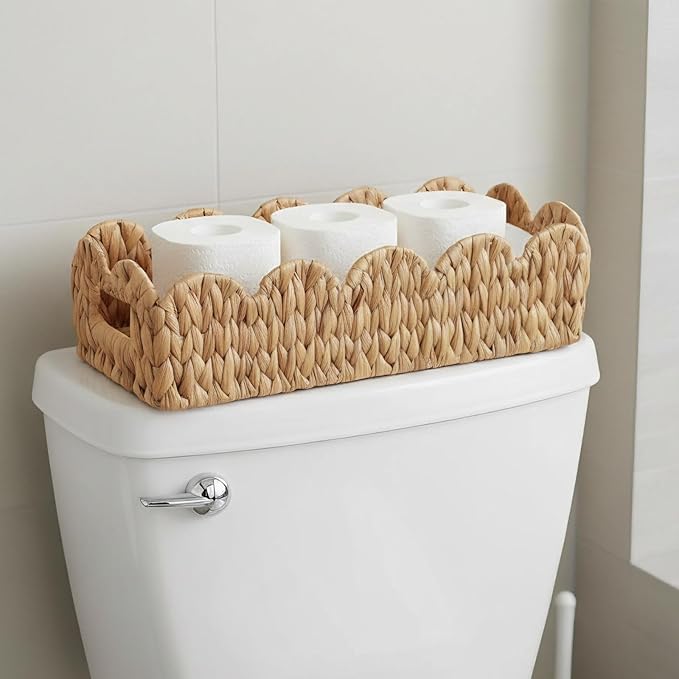 Toilet Tank Basket for Bathroom,Scalloped Edge Wicker Basket for Toilet Paper Storage,Small Baskets for Countertop,Shelves,Living Room,Bedroom,Both Organizer&Decor,Natural Water Hyacinth