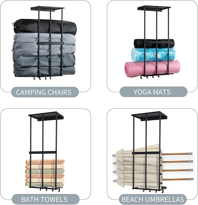 Camping Chair Rack for Garage Storage, Metal Camping Beach Chair Umbrella Holder Wall Mounted Rack Organizer Floating Shelf with 4 Hooks for Garage Organization