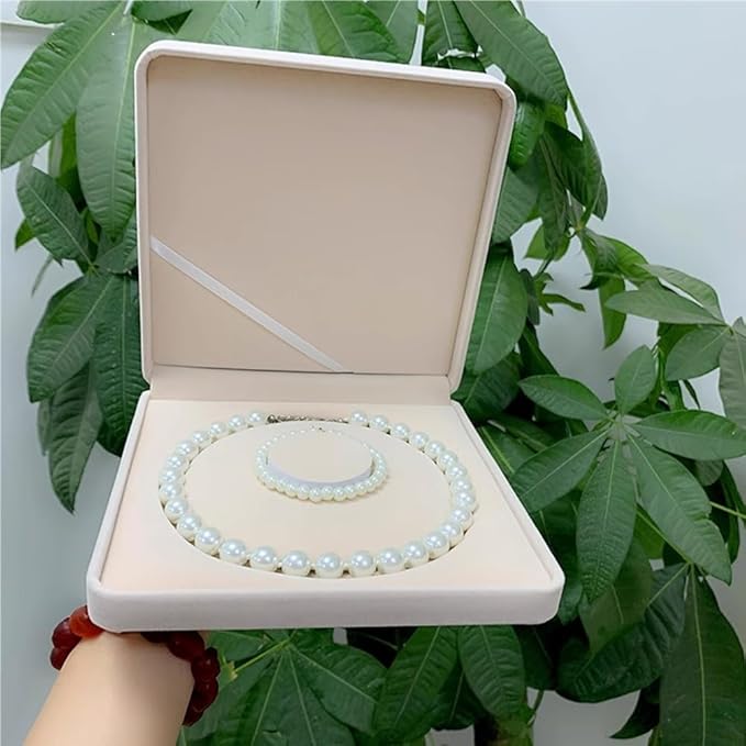 Jewelry Velvet Box Pearl Necklace Earring Bracelet Gift Display Case Wedding Jewelry Storage Holder (Beige For Pearl Necklace Bracelet)