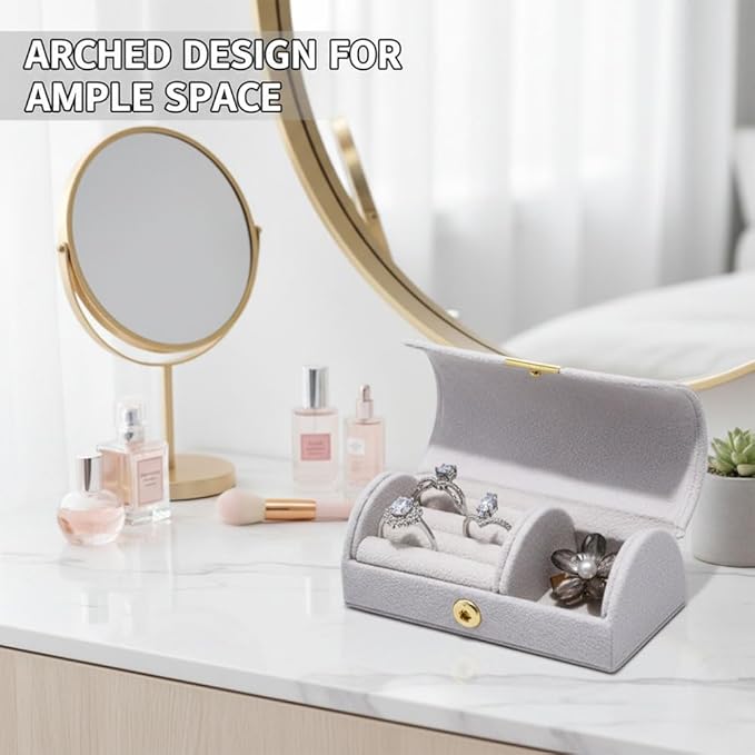 Mini Travel Jewelry Case, Gray Leather Ring Storage Box with Locking Design, Portable 3-Compartment Organizer for Women (grey, Pearl velvet)