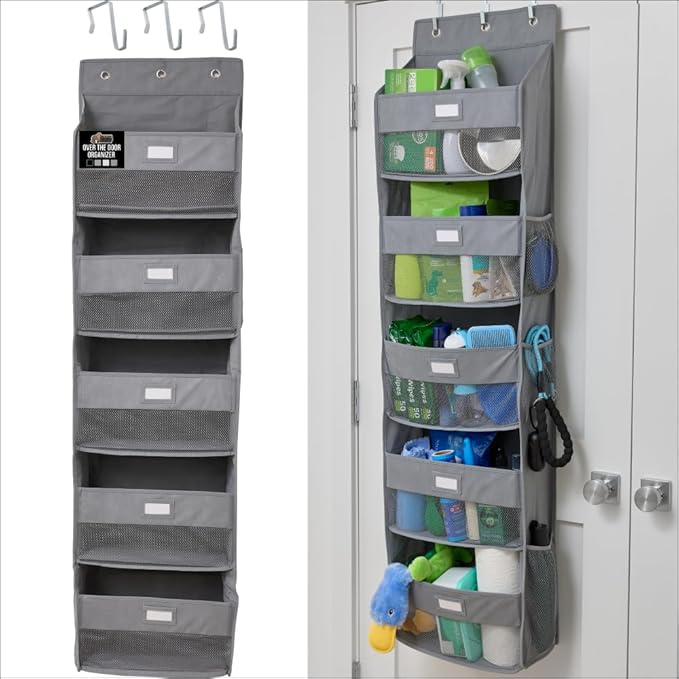 GORILLA GRIP Over The Door Organizer Storage, 5 Deep Hanging Shelves, Holds 50lbs, Closet Organizers Shelf for Bedroom, Bathroom, Nursery, Dorm Essentials, 3 Metal Hooks, 58x15 Inches, Gray