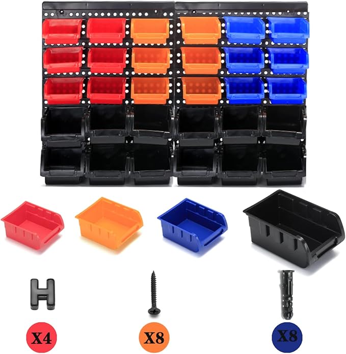Wall Mounted Storage Bins Parts Rack 4 Colors Garage Plastic Shop Tool Organizer, ABS Plastic Garage Rack, Screw Storage 30 Bins