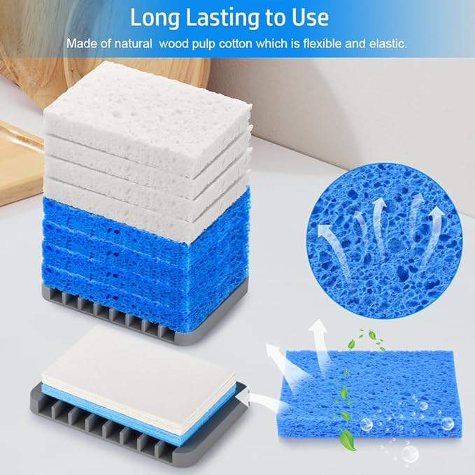Mcyye 8PCS Compressed Kitchen Sponges Pack for Household Use, Premium Dish Sponges Kitchen Natural, Non Scratch Cleaning Sponges for Dishes, Dishwashing Brushes, Save Space, Blue & White Sponge