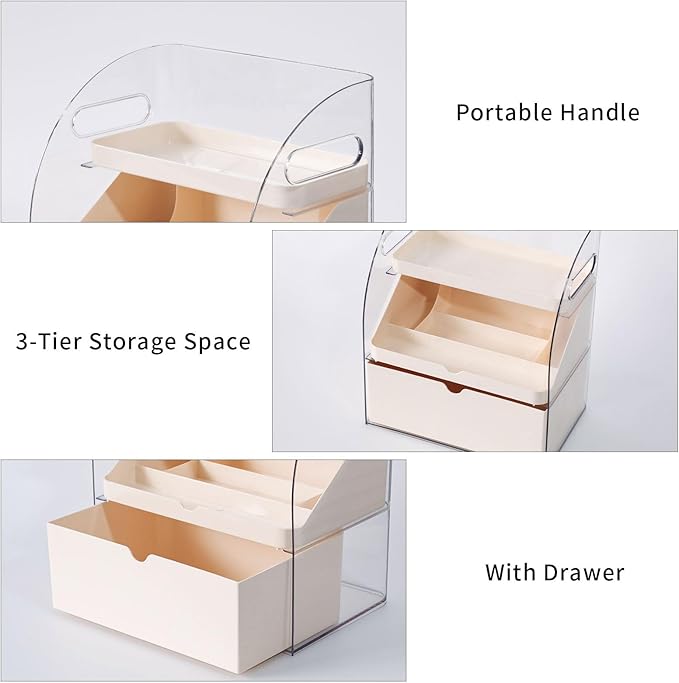 FABROK 3-Layer Desk Organizer with Drawer, Clear Office Supplies and Desk Accessories Organizer with Handle, Desktop Storage for Stationery（Cream）
