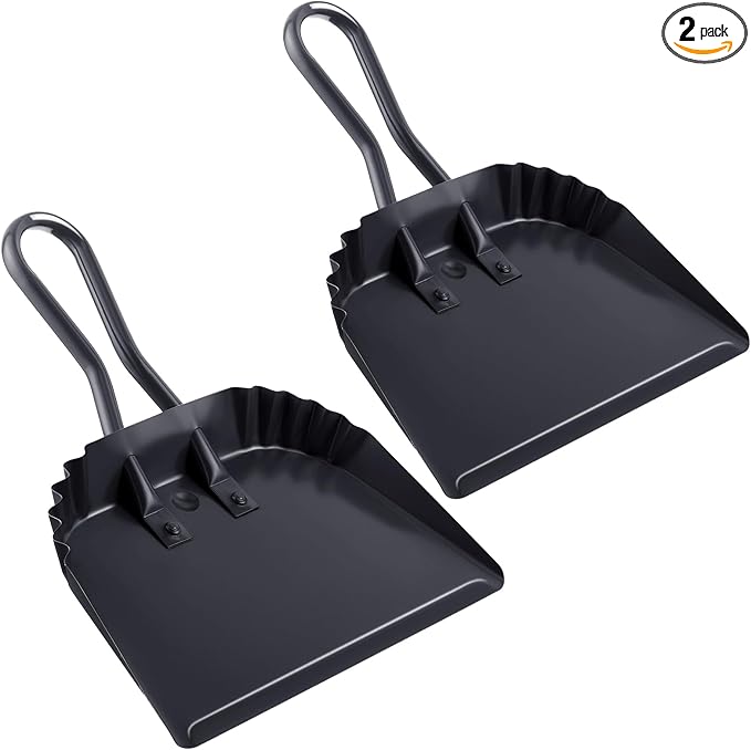 Mumufy 2 Pcs 12 Inch Heavy Duty Metal Dustpan, Stainless Steel Large Wide Dust Pans for Household, Handheld Scooper, Debris Cleaning Tool for Home Garage Studio Courtyard Indoor Outdoor(Black)