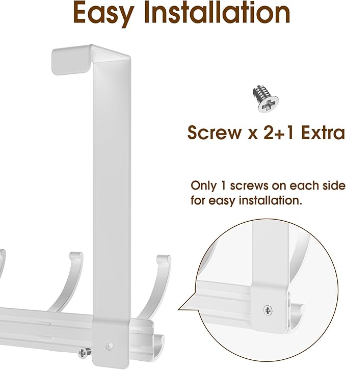 Over The Door Hooks Hanger with Extended Arms, Fit 1 3/8" Door, Tool-Free Assembly, F7U, Towel Rack Organizer Holder - Glossy White