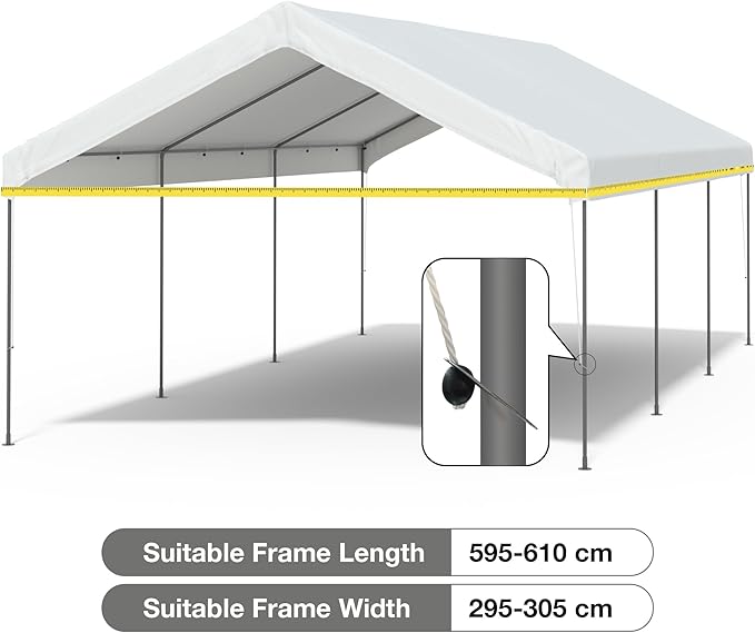 10x20 FT Carport Replacement Canopy Top Upgraded Car Port Canopy Cover for Carport Party Tent Waterproof & UV Protected, Easy Installation with Ball Bungees, White (Top Cover Only, Frame Not Included)