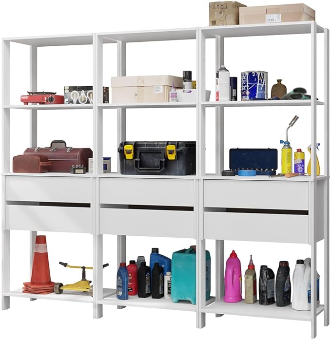 Madesa Garage Storage Rack with 6 Drawers and Open Shelves 82" L Multiuse Modular Organization Cabinet for Tools (WHITE)