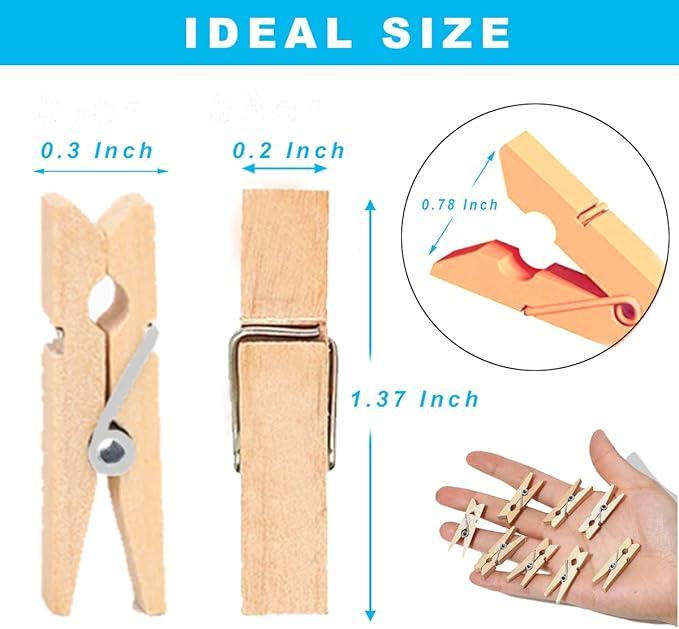 1.35 Inch Mini Clothes Pins for Photo100 Pcs with 32 Feet Jute Twine, Mini Clothes Pins for Crafts, Wooden Small Clothespins for Pictures, Tiny Decorative Clothespins for Baby Shower (10 Colors)