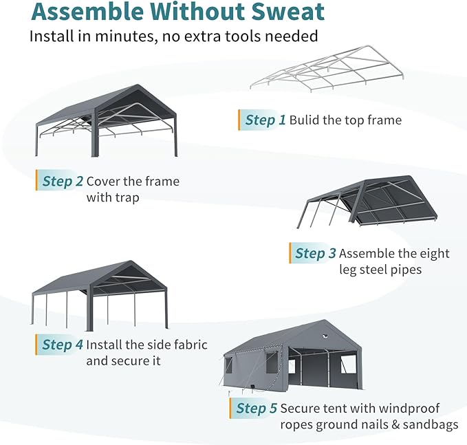 20X20 Carports Heavy Duty,Car Port with Removable Side Wall,Carport Canopy,Portable Car Port Garage,Car Shelter All Weather,Gray