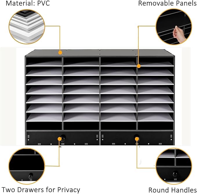 LOYALHEARTDY Literature Organizer,32 Compartment Office Mailbox with 2 Drawers,Paper and Mail Organizer,Paper Storage Cabinet Mail Organizer,39.4 X 12 X 25.2''Desktop File Sorter for Home&Office,Black