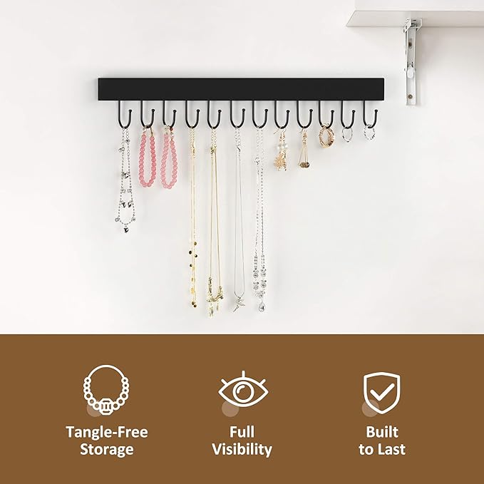 ZEDODIER 2 Pack Necklace Organizer Wall Mount, Wooden Self-Adhesive Jewelry Hanger with 24 Adjustable Hooks, Hanging Holder for Necklace, Belts, Tank Tops, Bras, Black