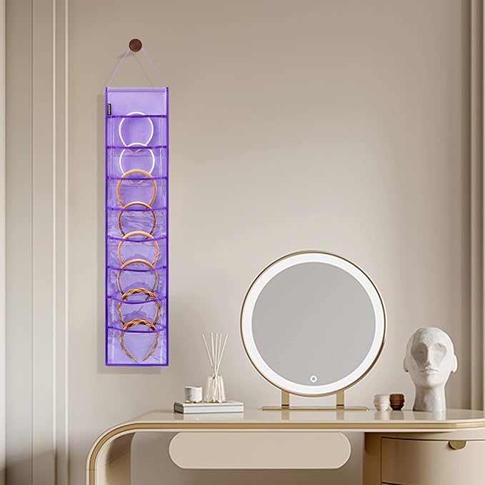 Wall Hanging Headband Organizer Ribbon Hair Hoops Storage Hairbands Hair Accessory Holder with Clear Pockets (PURPLE-8 POCKETS)