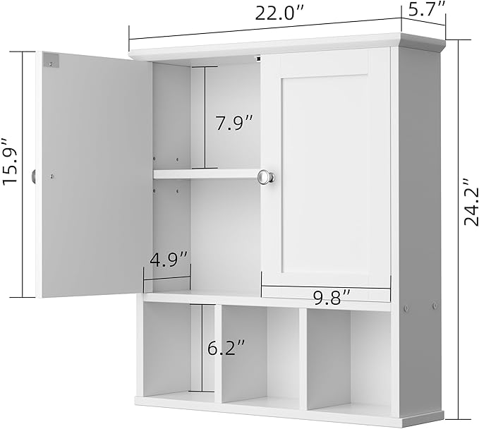 Shintenchi Bathroom Wall Cabinet with Door, Storage Organizer Over The Toilet Medicine, Space Saving with Adjustable & Open Shelf, Solid White