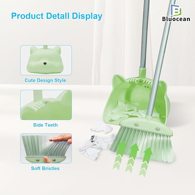 28'' Kids Mini Broom and Dustpan Set - Toddler Cleaning Toy, Toddler Household Helper, Parent-Child Interactive Play Cleaning Tool, Cute Cartoon Design, Small Safe Corner Broom (Green Sprout)
