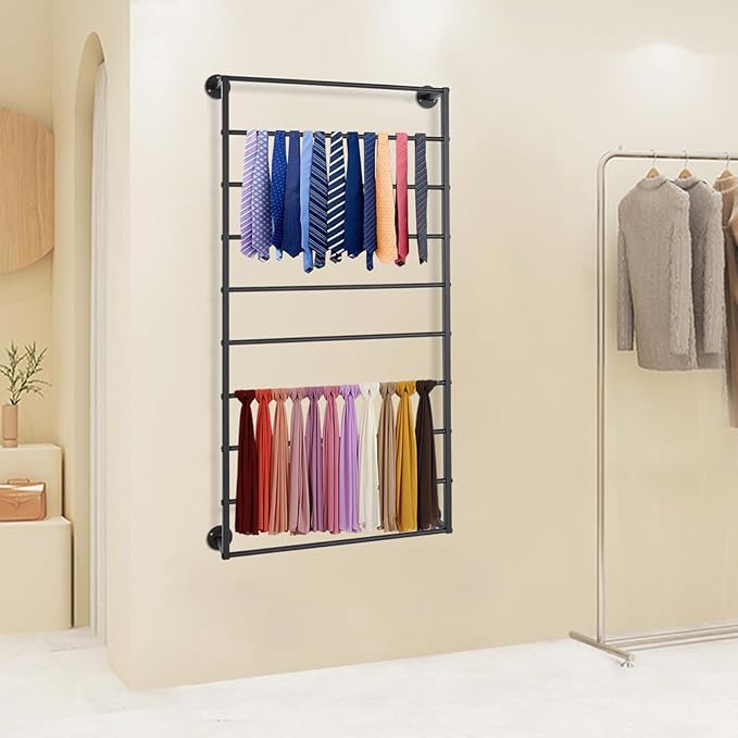 Wall Mounted Scarf Rack, 10-Layer Wrapping Paper Ribbon Organizer Scarves Tie & Scarf Rack Belts Towel Holder Necktie Hijab Display shelving Metal Racks for Flower Shop Retail Store home 23"×47"