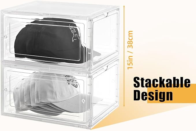 Hat Organizer Box, Clear Baseball Caps Holder, Stackable, Magnetic Door, Dustproof, Modern Style, Holds 40 Hats (Clear, 4 Pack)