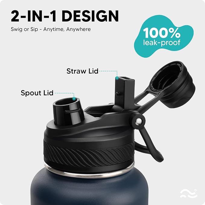 [2-IN-1 LID] Insulated Water Bottle with Silicone Boot (36hrs Cold/18hrs Hot) - DIY Stickers, Leakproof, BPA Free, 40 oz