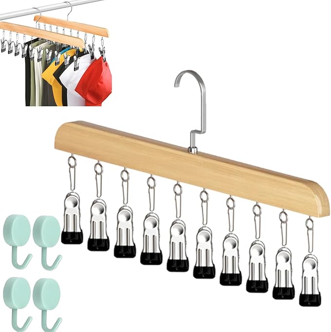 Closet Organizer with 10 Clips - Space Saving Hanging Closet Organizer, Legging Organizer for Closet Hanging, 360° Rotating Metal Clips with Silicone Lining for Hat Sock Clothes (1 Sets-B)