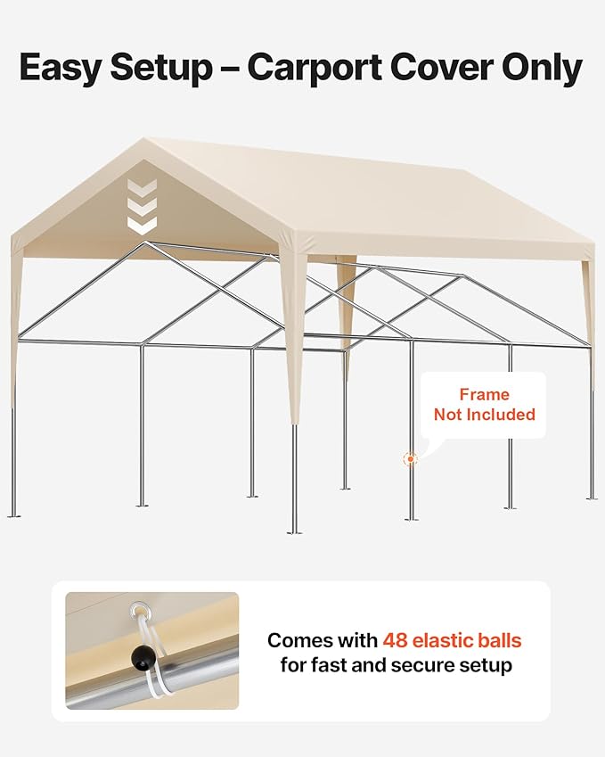VEVOR Carport Replacement Canopy Cover, 12 x 20 ft Potable Garage Tent Top Tarp, UV-Resistant & Waterproof Car Shelter Tarp, Heavy Duty Car Port Cover with Ball Buggees, Beige, Frame Not Included