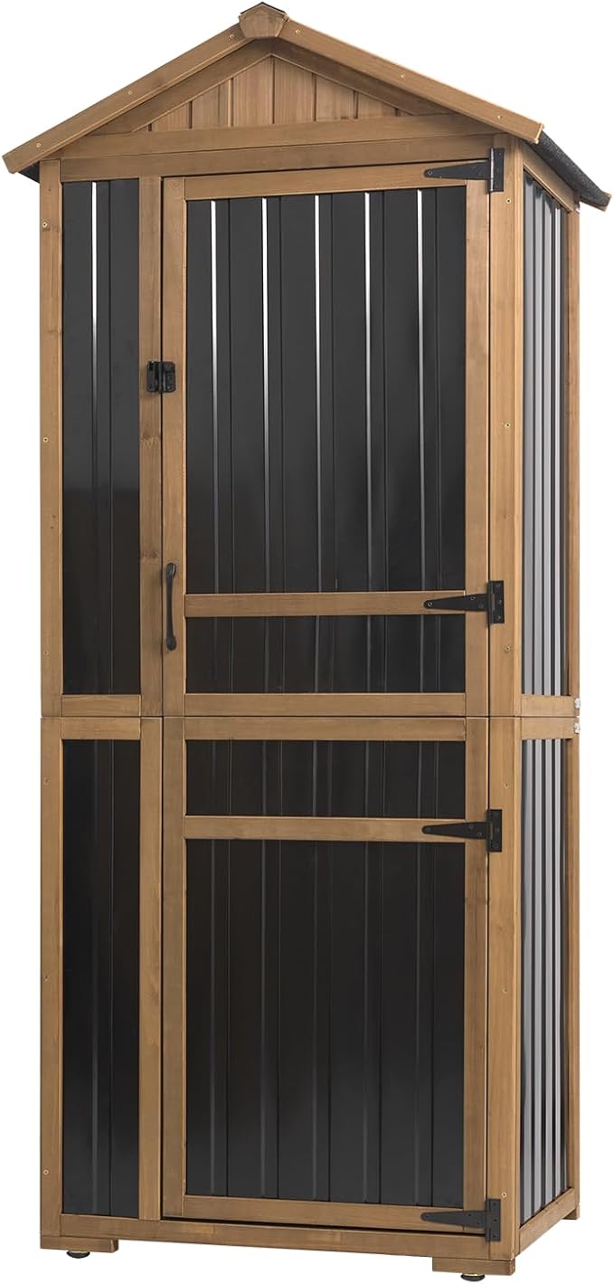 Outdoor Storage Cabinet 70 Inch, Wooden Vertical Garden Tool Storage Shed with Adjustable Shelves, Waterproof Roof, Lockable Doors, Small Backyard Utility Cabinet for Patio Garage