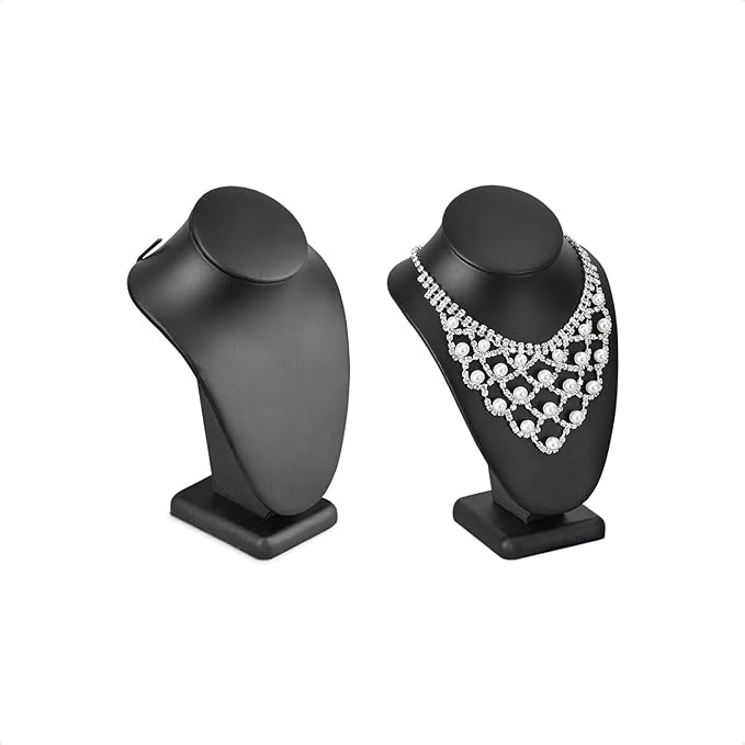 MOOCA 2 Pcs Deluxe Faux Leather Small Necklace Chain Jewelry Display Holder, Jewelry Stand, Necklaces Display Mannequin Bust Stand, 6.25”H, Black Faux Leather