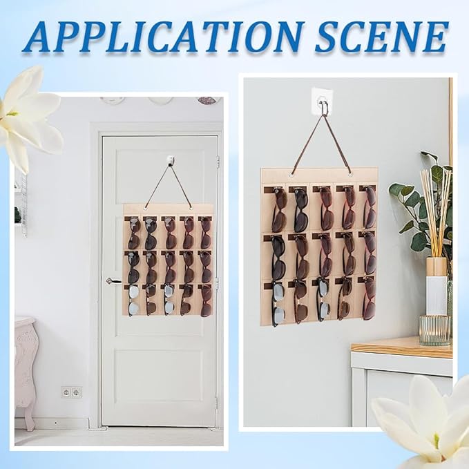 CREATCABIN Wall Hanging Sunglasses Bag Brown Wall Mounted Dust Proof Sunglasses Storage Bag Protable Foldable Jewelry Organizer with 15 Slots for Makeup Room Bussiness Travel Carrying 5.7x3in