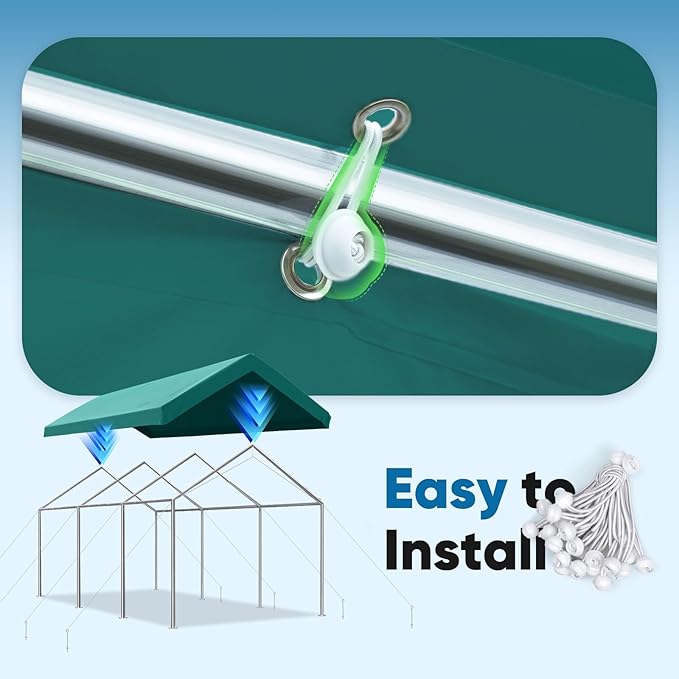 ADVANCE OUTDOOR Replacement Top Cover Tarp for 10x20 ft Carport Canopy with Ball Bungees, Green, One Roof Only