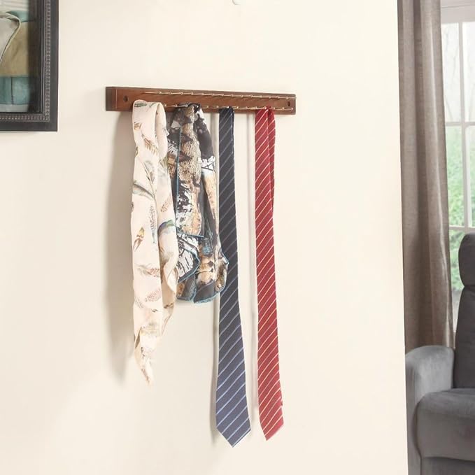 Walnut Wood Tie Hanger Non-Slip Hooks Space-Saving Closet Organizer for Ties Belts Scarves Accessories Durable Swivel Hook Wardrobe Storage Rack for Home and Office Organization