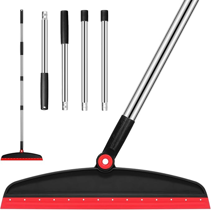 Multifunction Magic Broom, 54 Inch Adjustable Long Handle Silicone Floor Squeegee Broom, Sweep and Scrape 2 in 1 Household Cleaning Brooms for Floor, Bathrooms, Showers, Tile, Pet Hair, Black Red
