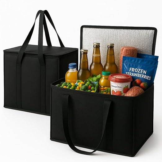 musbus 2-Pack, XL-Large Insulated Grocery shopping bags, Black, reusable bag,thermal zipper,Collapsible,tote,cooler,food transport hot and cold,camping, delivery groceries freezer