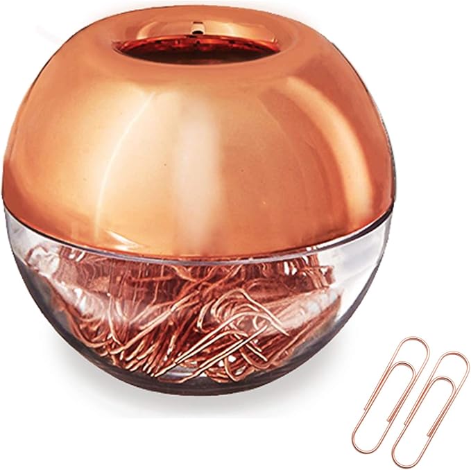 Rose Gold Magnetic Paper Clip Dispenser with 100pcs 1.1" Medium Paper Clips, Acrylic Holder for Office Decor