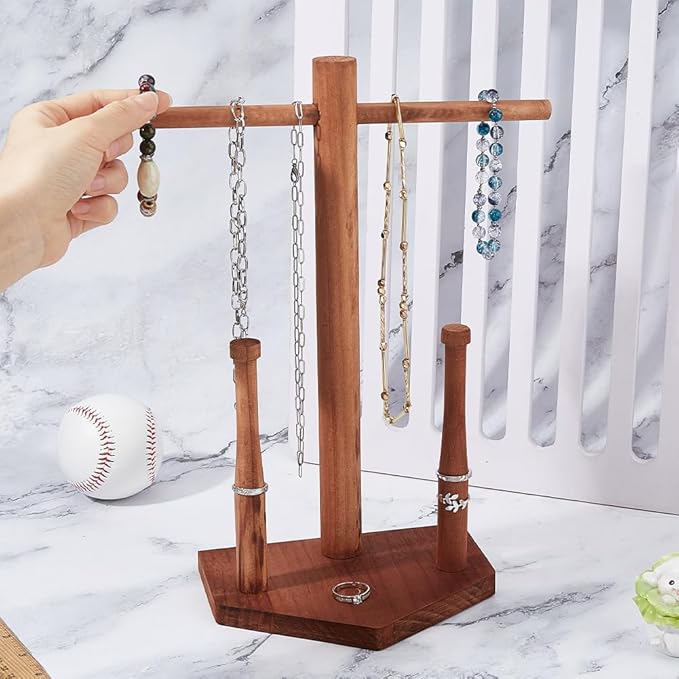 DICOSMETIC Wood Drip Necklace Organizer Holder Chocolate Wooden Baseball Jewelry Holder Championship Stacked Ring Display Wooden Jewelry Storage Organizer Baseball Theme Gifts
