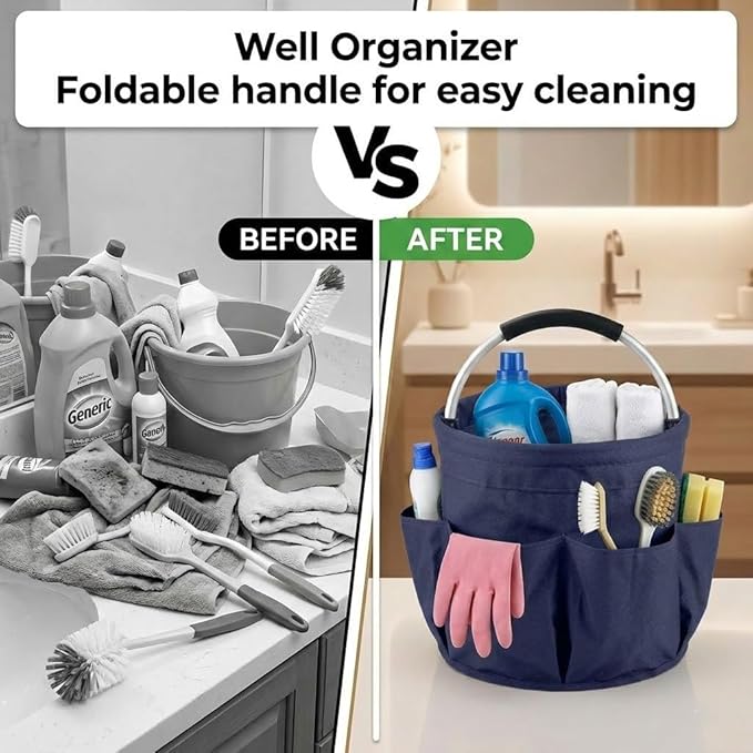 Multifunctional 17L Cleaning Caddy,Foldable 600D Organizer Bag with EVA Grip and 6 Pockets,Portable Storage Tote for Housekeeping,Car Detailing,Garden,Bathroom and Dorm (blue)