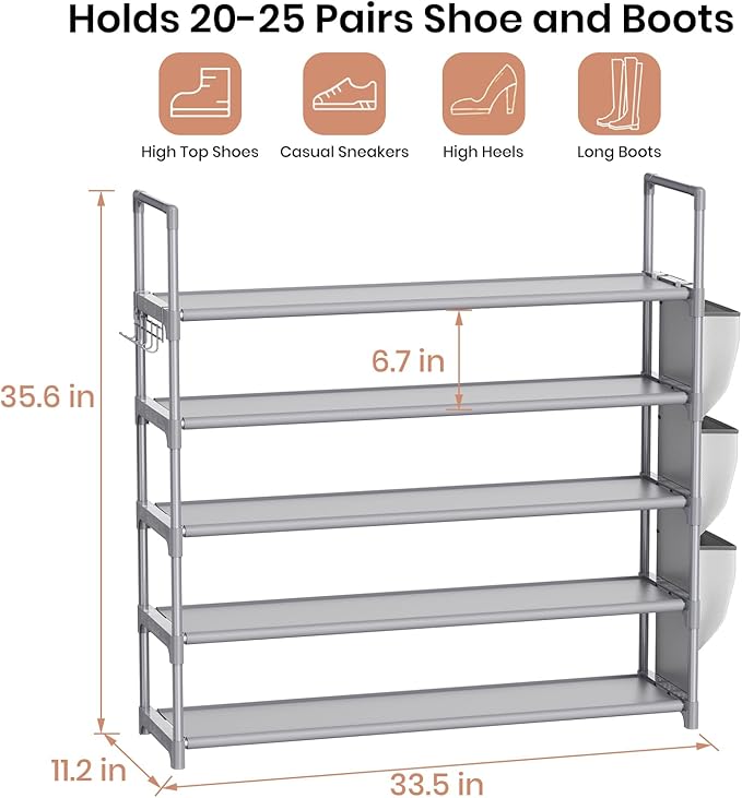 Shoe Rack for Closet Shoe Organizer Space Saver Storage for 20-25 Pair Shoe Shelf with Hook and Side Pocket Free Standing 5 Tier Shoe Rack Organizer for Entryway,Small Spaces, Grey
