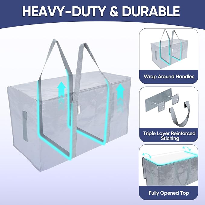 TICONN 6 Pack Extra Large Moving Bags Heavy Duty with Zippers & Carrying Handles, Durable Storage Bags Moving Boxes for Closet Organizers and Storage (6 Pack, Light Grey)
