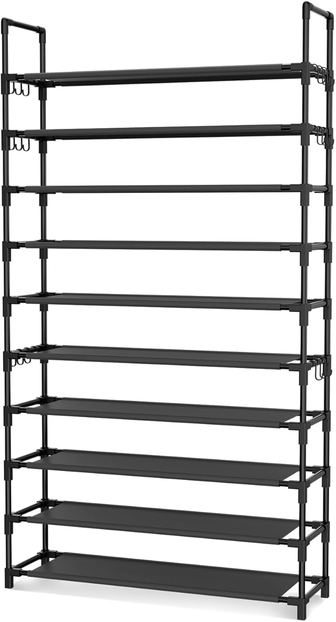 Tall Shoe Rack 10 Tier Shoe Organizer Large Shoe Shelf with 18 Hooks Storage for 50 Pair, Stackable Vertical Shoe Rack Organizer for Closet, Entryway, Bedroom