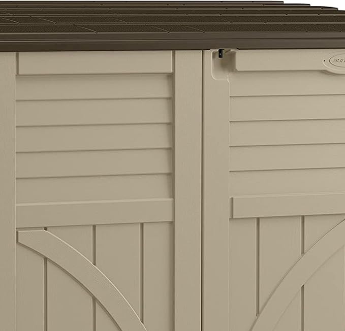 Suncast Horizontal Shed, Compact Outdoor Storage System, 34 Cu. Ft. Capacity, Sand & Slate - Lockable Multi-Wall Resin Organizer for Garbage Cans, Garden Tools, Bins, Bikes and Yard Equipment