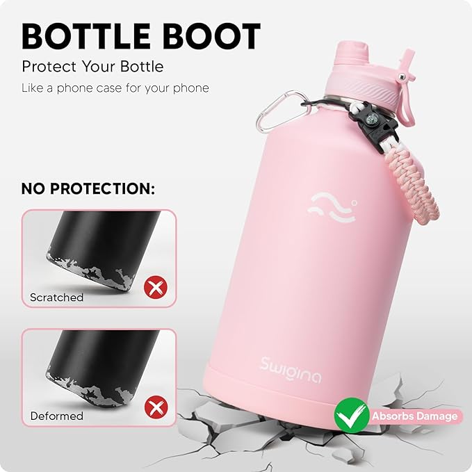 [2-IN-1 LID] Gallon Insulated Water Bottle with Silicone Boot (48hrs Cold/24hrs Hot) - DIY Stickers, Leakproof, BPA Free, 128 oz