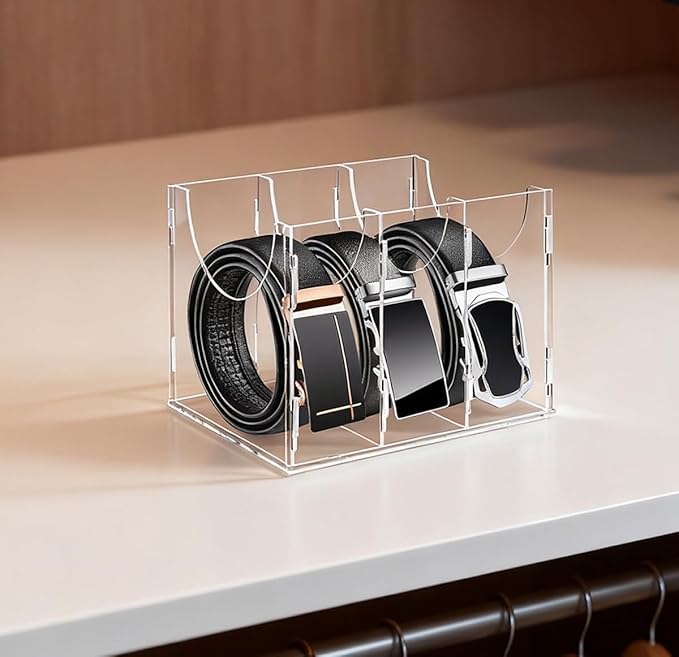 Dezzer Belt Organizer, Acrylic Belt Storage Organizer for Closet and Drawer, Clear Belt Holder Display Case with 3 Compartments for Tie and Bow Tie