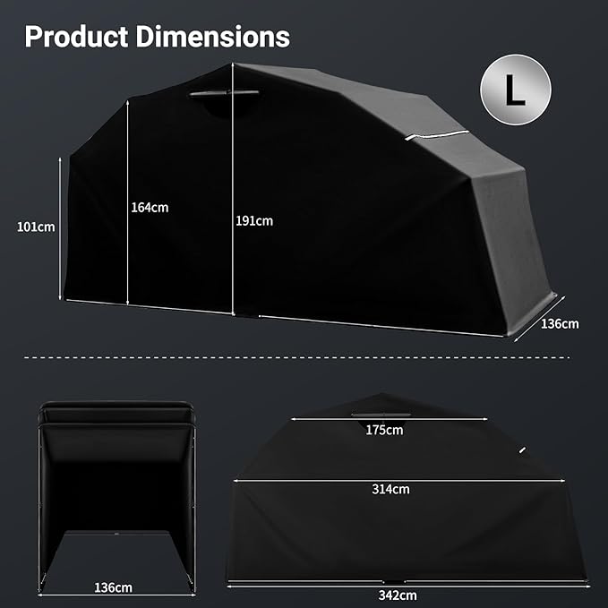 Motorcycle Storage Shelter Shed 4.5x11FT Motorcycle Garage Tent Heavy Duty Vehicle Motorcycle Shed with 600D Oxford Fabric Cover with 2 Roll-Up Side Windows (Black, L Size)