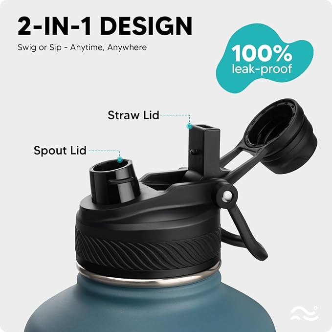 [2-IN-1 LID] 64 oz Insulated Water Bottle with Silicone Boot (48hrs Cold/24hrs Hot) - DIY Stickers, Leakproof, BPA Free, Half Gallon