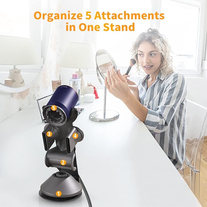 Hair Dryer Holder Stand for Dyson Hair Dryer, Upgraded Dyson Hair Dryer Holder Dyson Hair Dryer Stand Black to Store 5 Dyson Hair Dryer Attachments with Cable Hook