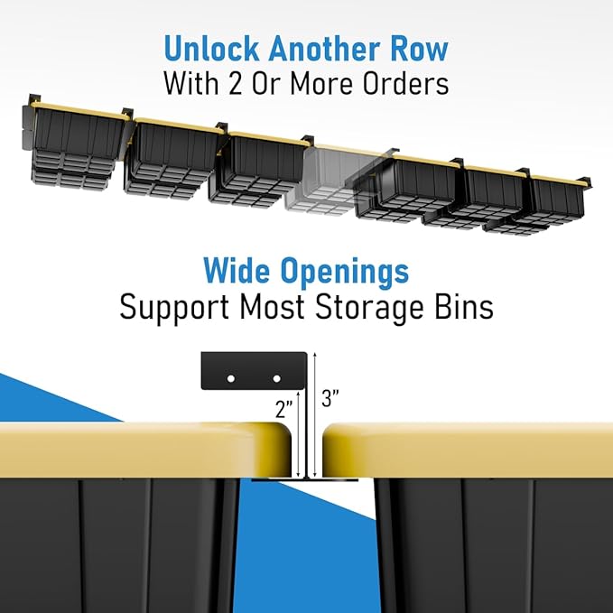USA Based Overhead Garage Storage Rack, Connectable Heavy Duty Metal Ceiling Rails Garage Storage Organization Shelving System, Hanging Racks Tote Containers, Supports Up To 1 Bin, 1 Set Black