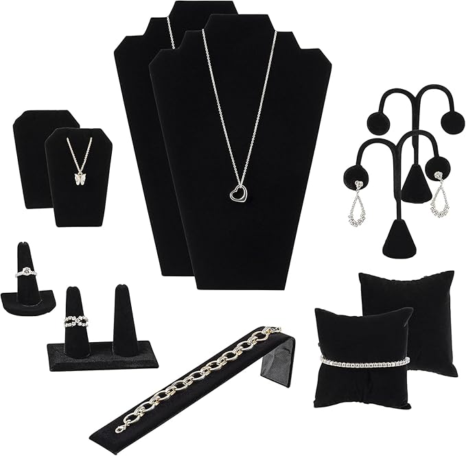 Novel Box Black Velvet 11 Pieces Jewelry Display Set for Necklaces, Bracelets, Rings, Earrings, Pendants & Watches - Jewelry Displays Set Organizer for Selling or Personal Use