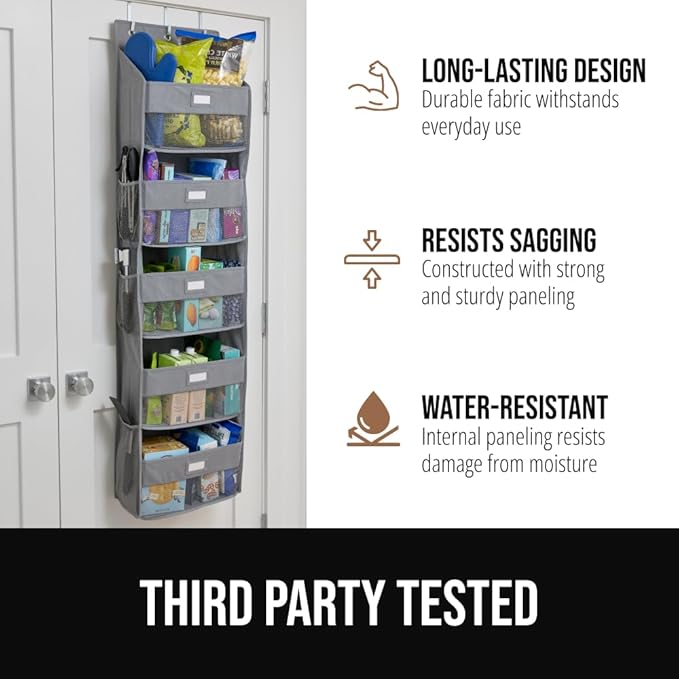 GORILLA GRIP Over The Door Organizer Storage, 5 Deep Hanging Shelves, Holds 50lbs, Closet Organizers Shelf for Bedroom, Bathroom, Nursery, Dorm Essentials, 3 Metal Hooks, 58x15 Inches, Gray