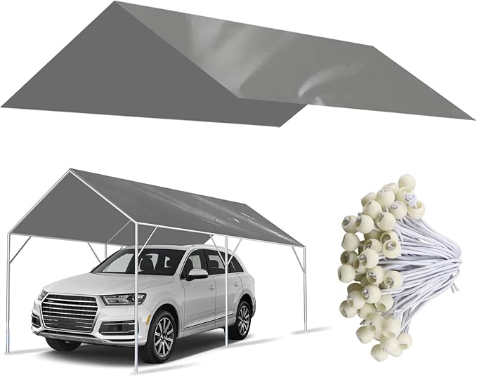 10' x 20' Canopy Replacement Cover for Carport, 220G Heavy Duty Replacement Top Cover for Car Garage, Waterproof & UV Protected Tarp with 48 Ball Bungees (Only Cover, Frame Not Included), Grey
