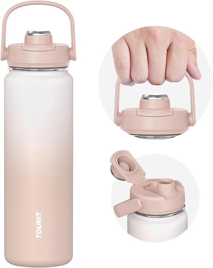 TOURIT 24 oz Insulated Water Bottle, Stainless Steel Sports Water Bottles With Top Handle, Double-Wall Travel Thermal Water Flask, BPA Free Leakproof Water Bottle for Sports and Travel,Khaki