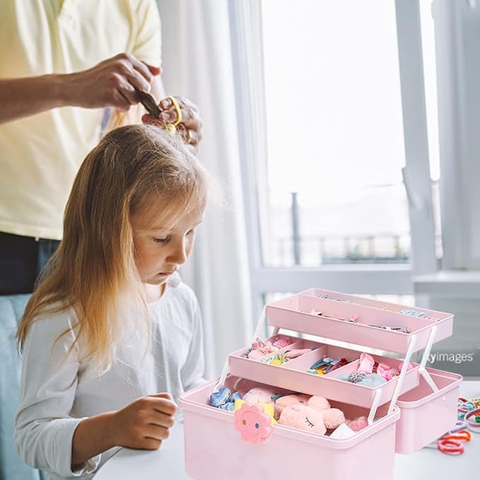 Kids Hair Accessories Organizer for Girls, Multi Layer Hair Accessories Organizer Storage Box with Stickers, Lids, and Handle, Plastic Hair Tie Holder Organizer for Toddler Girls