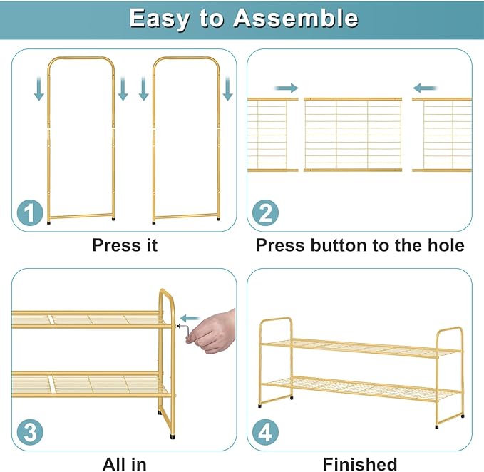 AOODA Long 2 Tier Shoe Rack for Closet Metal Wide Stackable Shoe Storage Organizer for Entryway, Bedroom, Floor, 18-Pairs Low Sneaker Shelf, Golden